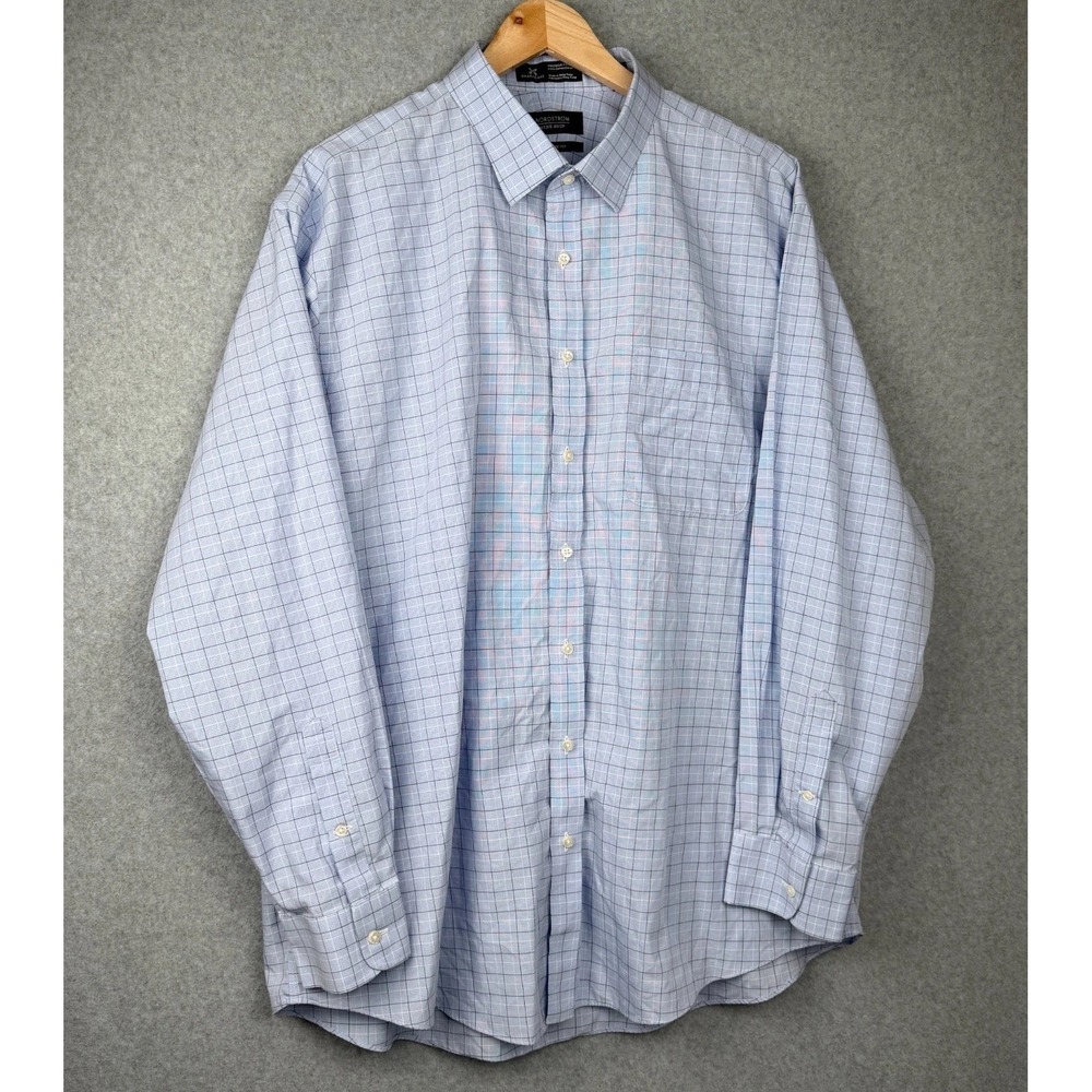 Nordstrom Mens Shop Smart Care Classic Fit Dress Shirt Blue Check 17.5 35 Cotton
